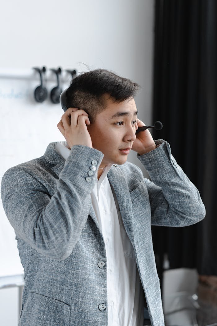 Asian man in a gray suit adjusting his headset for a call. Ideal for customer service or business themes.
